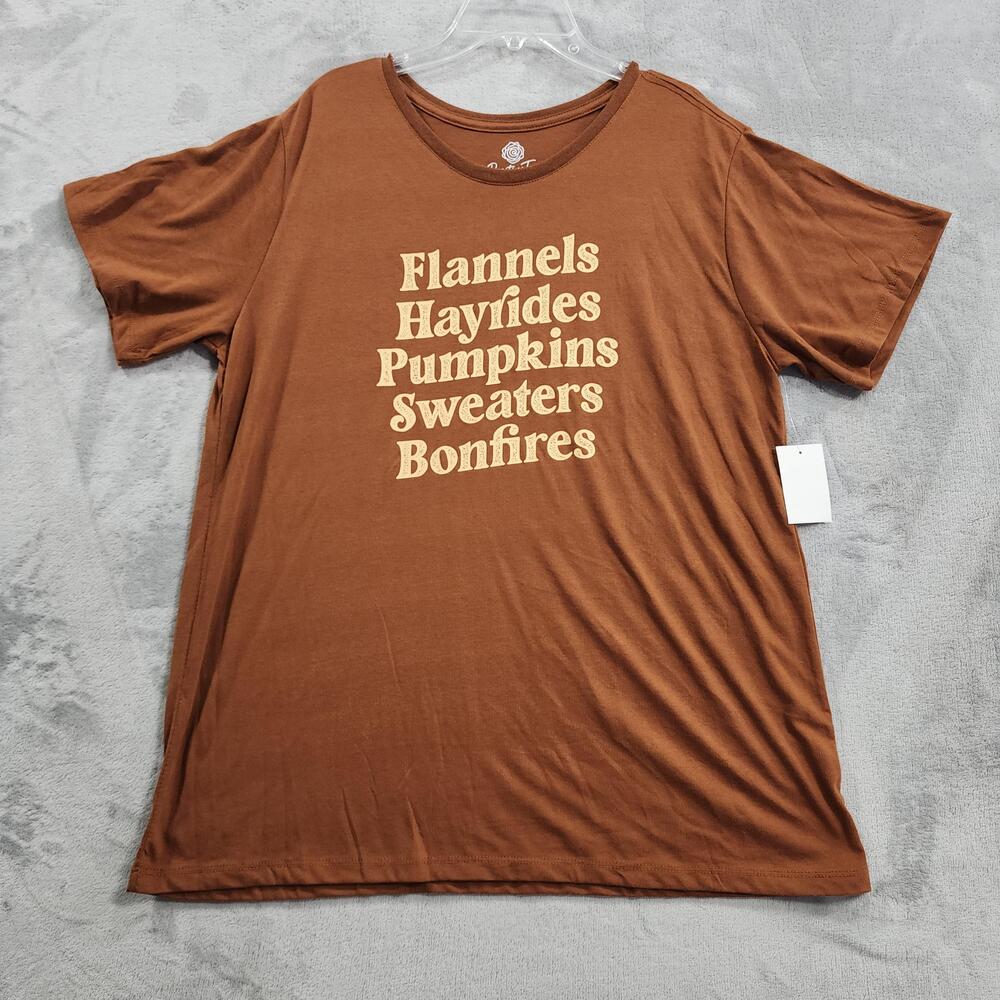 NEW PositiviTees Shirt Womens XL Brown Flannels Pumpkins Fall Autumn Graphic Tee